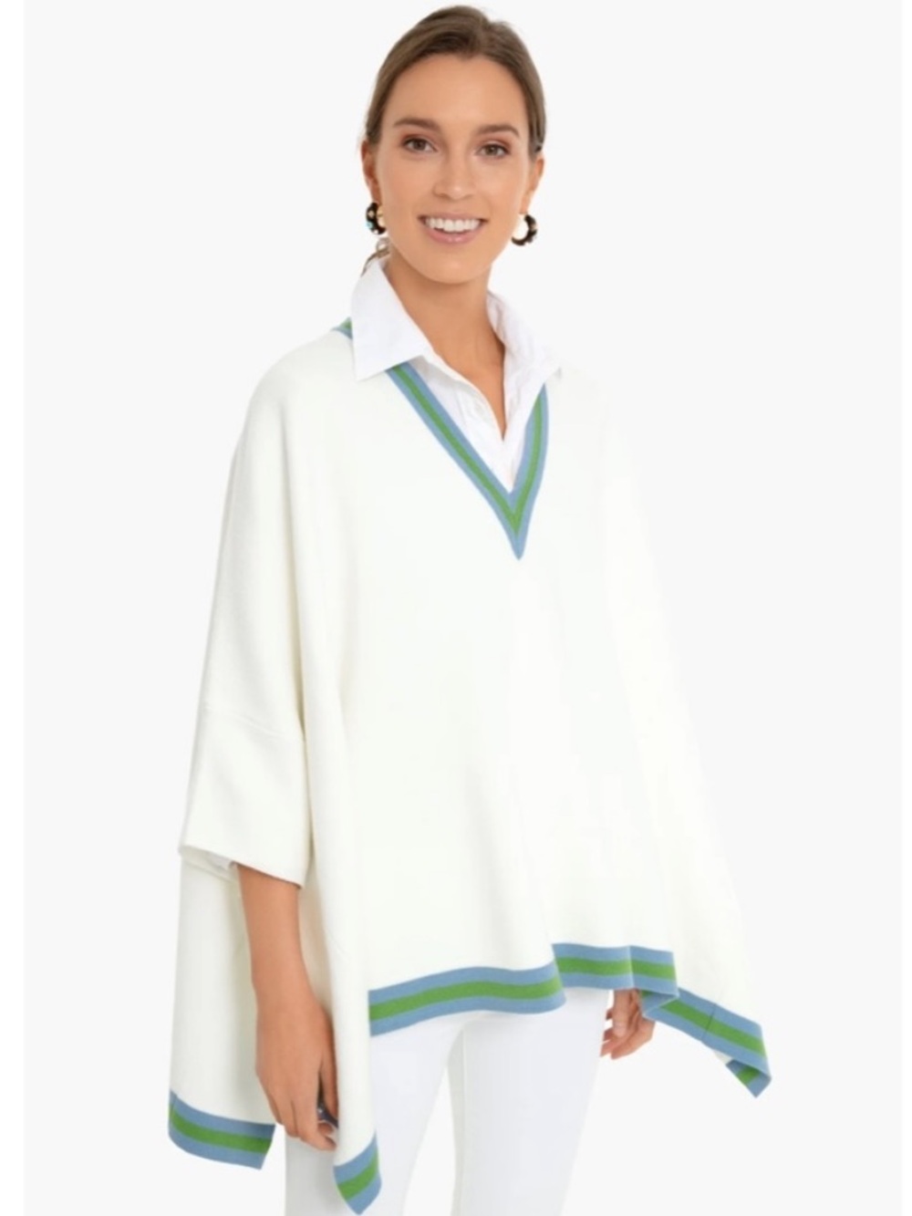 Tuckernuck Camden Poncho Sweater Ivory Knit Relaxed Vneck Pullover Green Blue